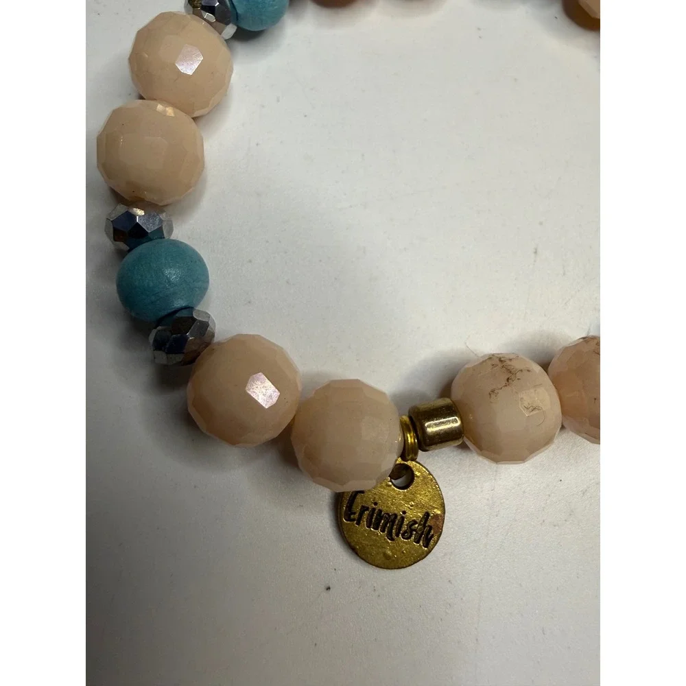 Erimish Beaded Stretch Bracelet Peach Turquoise Blue Wood Gold Tone Logo Charm